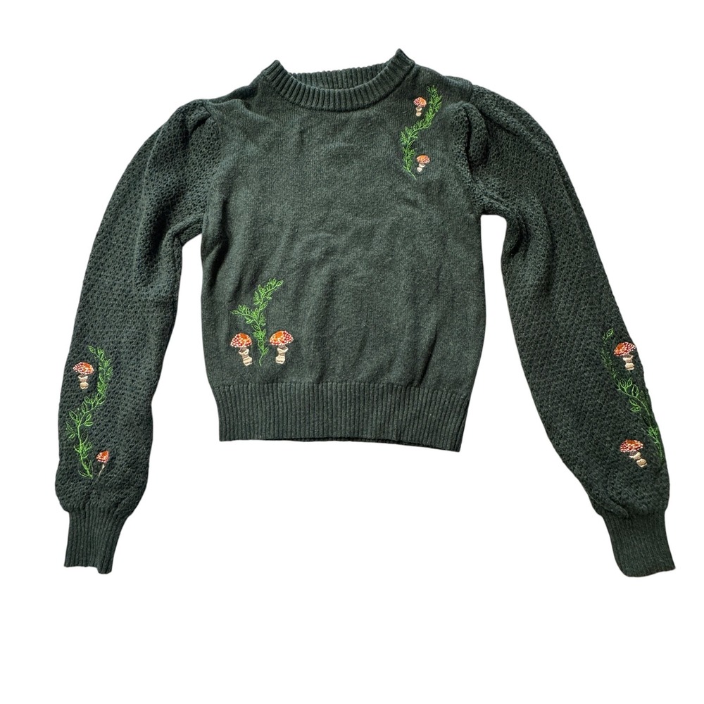 Disturbia Sweater Women S Green Mushroom Embroidery Cottagecore Goblin Whimsy
